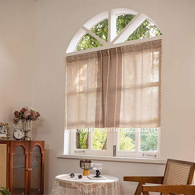 Sutuo Home Boho Curtains Valance Tier 36 inch for Cafe Kitchen Doorway Closet, Short Farmhouse Chic Tassels Window Treatment Bohemian Embroidery Drape, Rod Pocket 1 Panel 52" W x 36" L, Coffee Linen