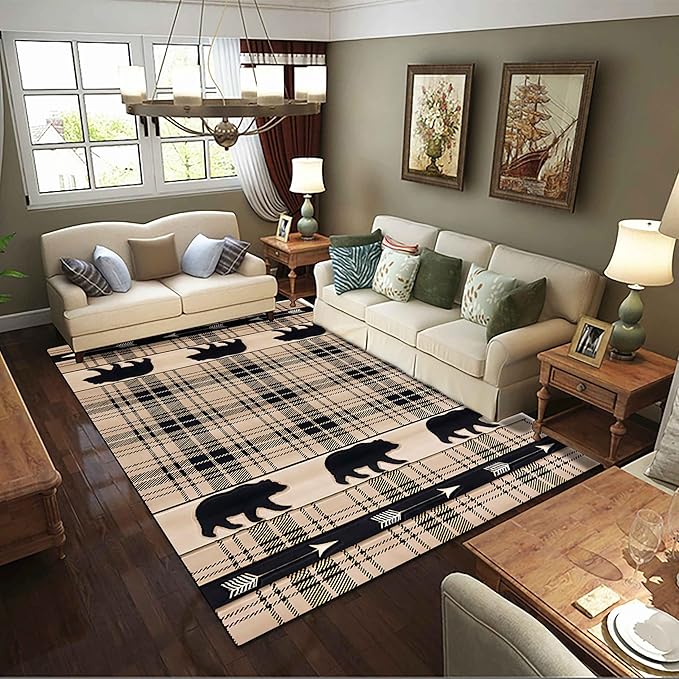 Brown Buffalo Plaid Area Rug, 6x8ft, Retro Rustic Style Wild Animal Black Bear Accent Rug, Lodge Native Cabin Hunting Rug, Easy-Cleaning Non-Slip Indoor Floor Mat for Bedroom Living Room