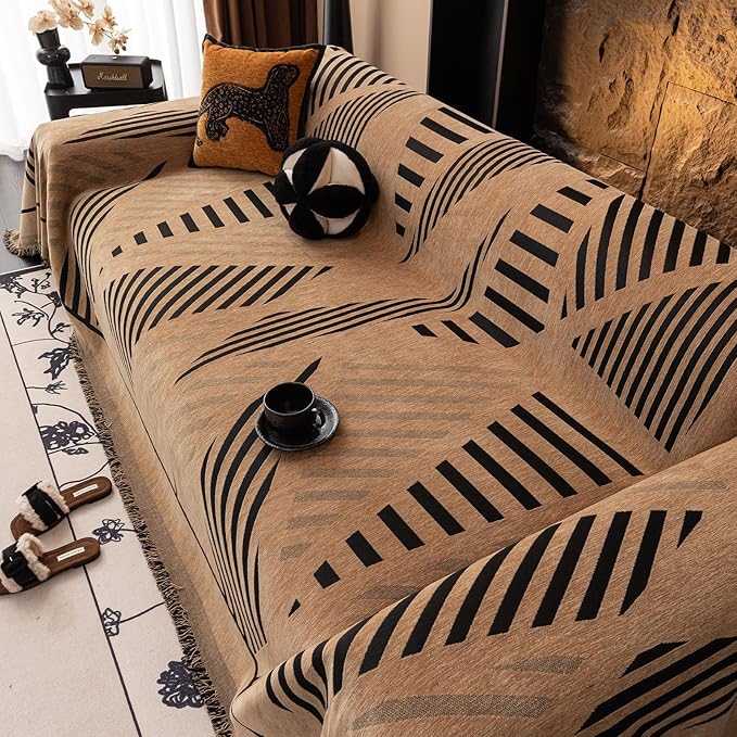 VClife Soft Thick Chenille Couch Cover 1 PC Washable Couch Cover for 3 Cushion Couch Sofa Modern Brown Black Jacquard Sectional Sofa Cover 71"x150"