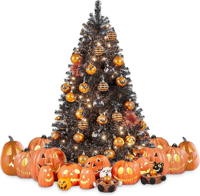 Yaheetech 4.5ft Pre-lit Halloween Black Spruce Artificial Hinged Christmas Pine Tree Prelighted Xmas Tree for Home Party Holiday Decoration with 150 Clear Warm White Lights and 324 Branch Tips, Black