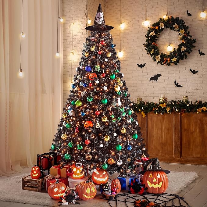 Yaheetech 7.5Ft Pre-Lit Halloween Black Artificial Hinged Christmas Pine Tree Prelighted Xmas Tree for Home Party Holiday Decoration with 550 Clear Warm White Lights and 1354 Branch Tips