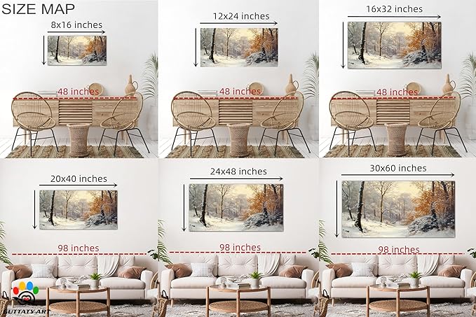 GUTTATY Christmas Winter Scene Canvas Wall Art, Snowy Forest Wall Painting, Warm Light Tree Poster, Winter Canvas Prints for Living Room, Holiday Wall Decor, Hanging Pictures for Bedroom, 24x12 Inch
