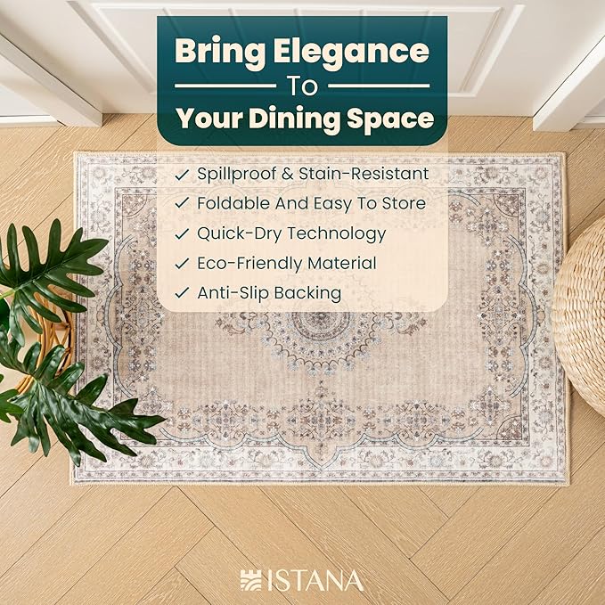 Istana Area Rug 2x4 - Beige Grey & Light Cream 2x4 Washable Rug Non Slip - Pet Friendly Living Room Rug - Non Shedding Washable Rugs for Bedroom - Foldable Bathroom Rugs
