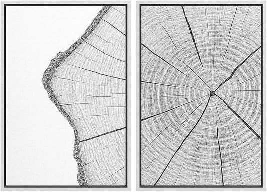 SIGNWIN Framed Canvas Print Wall Art Set Wood Grain Cross Section Minimalist Tree Ring Line Zen Bohemian for Living Room, Bedroom, Office - 24"x36"x2 WHITE