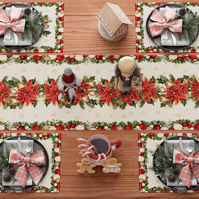 XCHI Christmas Poinsettias Leaves Bells Snowflakes Winter Xmas Table Runner Table Decoration for Home Kitchen Dining Holiday Decor 13x120 Inch