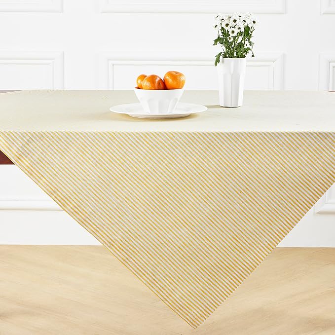 Solino Home Linen Square Tablecloth 52 x 52 Inch - Narrow Stripe, 100% Pure Linen Spicy Mustard and White Table Throw - Machine Washable Tablecloth