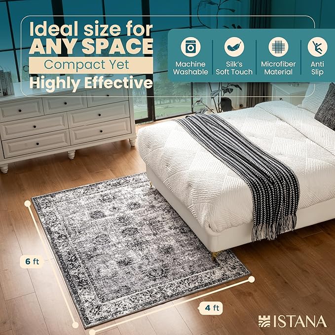 Istana 4x6 Area Rug - Dark Grey Rugs for Living Room 4x6 - Foldable Rugs for Bedroom - Stain Resistant Washable Rug - Eco-Friendly Boho Area Rugs - Easy to Clean Living Room Rug 4 x 6
