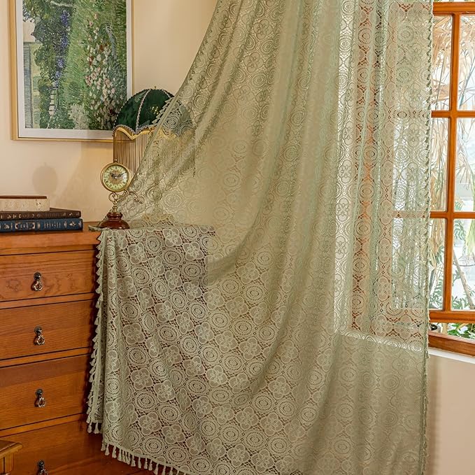 YJ YANJUN Boho Lace Curtains 84 Inches Long, Vintage Crochet Doily Pattern, Spring Sage Green Sheer Curtains for Living Room Bedroom Nursery, Farmhouse & Cottage Chic Style, W59 x L84-2 Panels