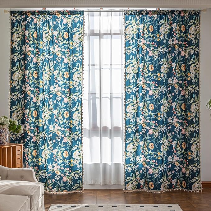Boho Floral Curtains French Country Farmhouse Curtains 84 Inches Long Light Filtering Window Rod Pocket Drapes for Living Room 2 Panels-Navy Blue Floral