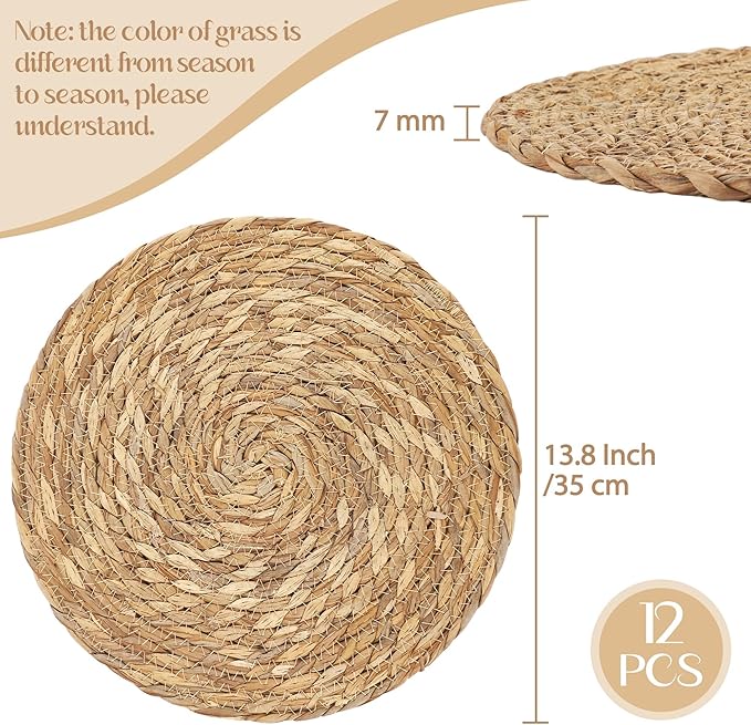 Aneco 12 Pack 13.8-Inch Round Woven Placemats Natural Hand-Woven Boho Rattan Wicker Bulrush Placemat Farmhouse Rustic Braided Table Mats for Dining & Kitchen Decor