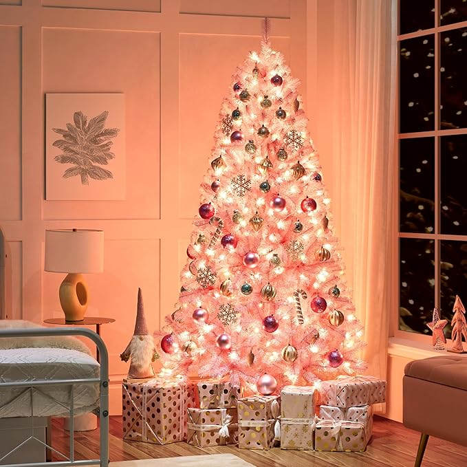 Yaheetech 6ft Pre-lit Artificial Hinged Christmas Tree Prelighted Full Holiday Xmas Tree for Home Party Decoration with 300 Warm White Lights & 818 Branch Tips, Foldable Metal Stand, Pink