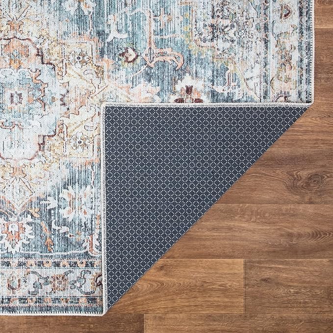 Bloom Rugs Washable Non-Slip 10 ft Runner - Teal/Peach Traditional Runner for Entryway, Hallway, Bathroom, and Kitchen - Exact Size: 2.5' x 10'
