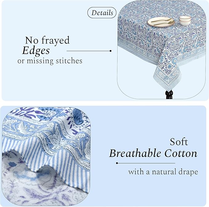 CPC Cotton Tablecloth 80x120 Inch Rectangle Indian Block Print Tablecloth- Blue Washable Wedding Table Cover for Thanksgiving/Christmas- Indigo Blue