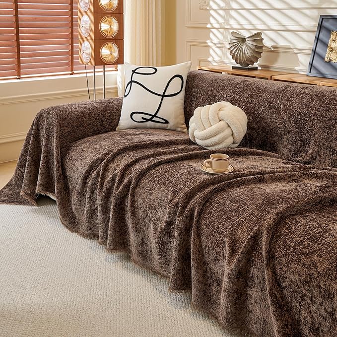 ROOMLIFE Brown Sofa Cover, Vintage Boho Couch Cover for 3 Cushion Sofa, Soft Chenille Sofa Cover for Dog, Washable Furniture Sofa Protector Cover Blanket with Tassel for Living Room, 71 '' X 134''