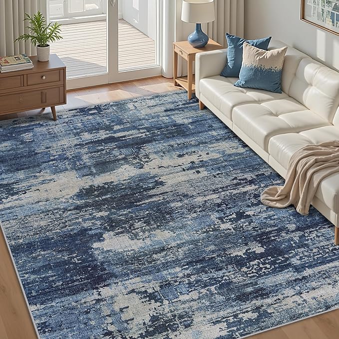 Area Rug Living Room Rugs: 5x7 Rug for Bedroom Machine Washable with Non Slip Backing Non Shedding Abstract Stain Resistant Large Carpet for Dining Room Nursery Home Office - Beige/Blue