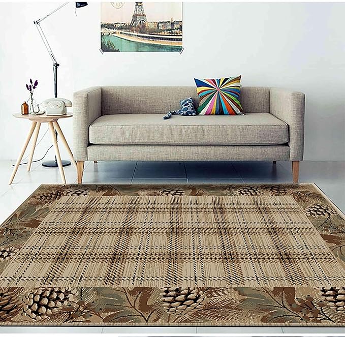 Rustic Cabin Area Rug, 4x5ft, Country Nature Leaf Pine Cone Border Accent Rugs, Lodge Brown Buffalo Plaid Rug, Non Slip Machine Washable Low Pile Area Rug for Living Room, Bedroom