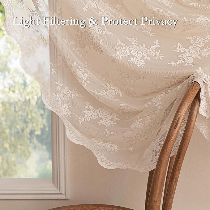 MEETSKY Beige Lace Curtains 63 Inch Length 2 Panels Set Vintage Victorian French Elegant Boho Scalloped Light Filtering Girls Room Drapes with Back Tab Rod Pocket, 50" Wide Each Panel, Oatmeal