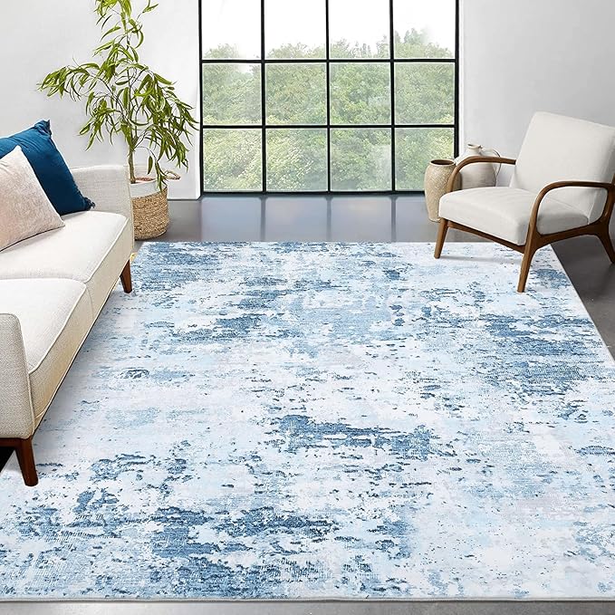6x9 Modern Abstract Area Rug Non Slip Non Shedding Low Pile Stain Resistant Rug Soft Washable Carpet for Bedroom Living Room, Light Blue