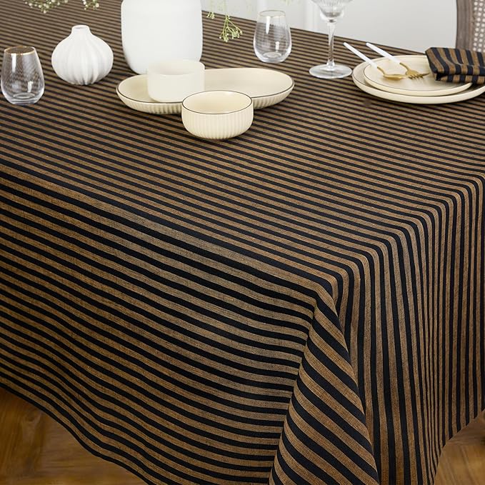 Solino Home Linen Tablecloth 60 x 108 Inch - Amalfi Stripe 100% Pure Linen Brown Sugar and Black Table Cloth for Rectangle Tables - Machine Washable Fabric Tablecloth for Fall, Autumn, Thanksgiving