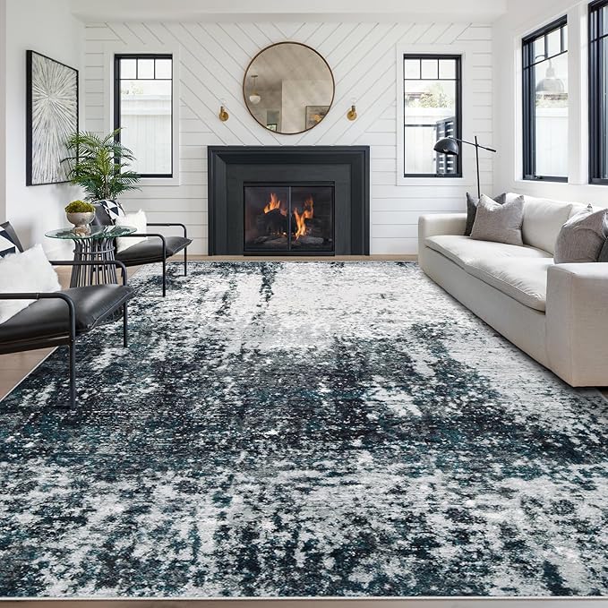 9x12 Area Rugs Washable Rug, Soft Modern Abstract Rugs for Living Room Large Low Pile Thin Rug Non Slip Indoor Neutral Carpet for Bedroom Dining Room Farmhouse Office Kids Playroom Black Grey Blue
