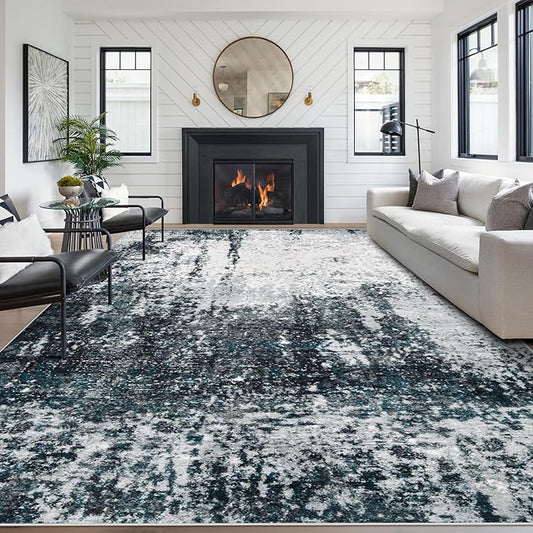 9x12 Area Rugs Washable Rug, Soft Modern Abstract Rugs for Living Room Large Low Pile Thin Rug Non Slip Indoor Neutral Carpet for Bedroom Dining Room Farmhouse Office Kids Playroom Black Grey Blue