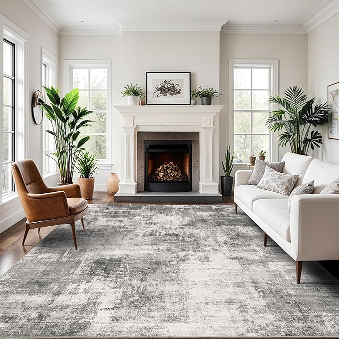 9x12 Modern Abstract Rug Washable Area Rugs for Living Room Bedroom Dining Room Non-Slip Low Pile Neutral Large Rug Soft Indoor Floor Carpet, Gray