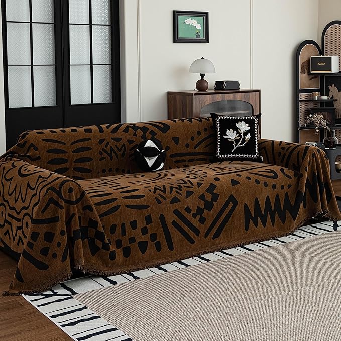 MEETSKY Boho Couch Cover Sofa Covers, Chenille Geometric Dark Brown Couch Covers for 2 Cushion Couch Sofa for Dogs, Washable Sofa Slipcover for Cat Sofa Protector with Tassels,71" x 118"