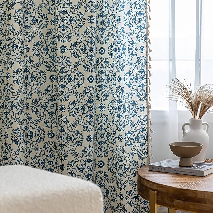 Boho Floral Curtains French Country Farmhouse Curtains 84 Inches Long Light Filtering Window Rod Pocket Drapes for Living Room 2 Panels-Blue Floral