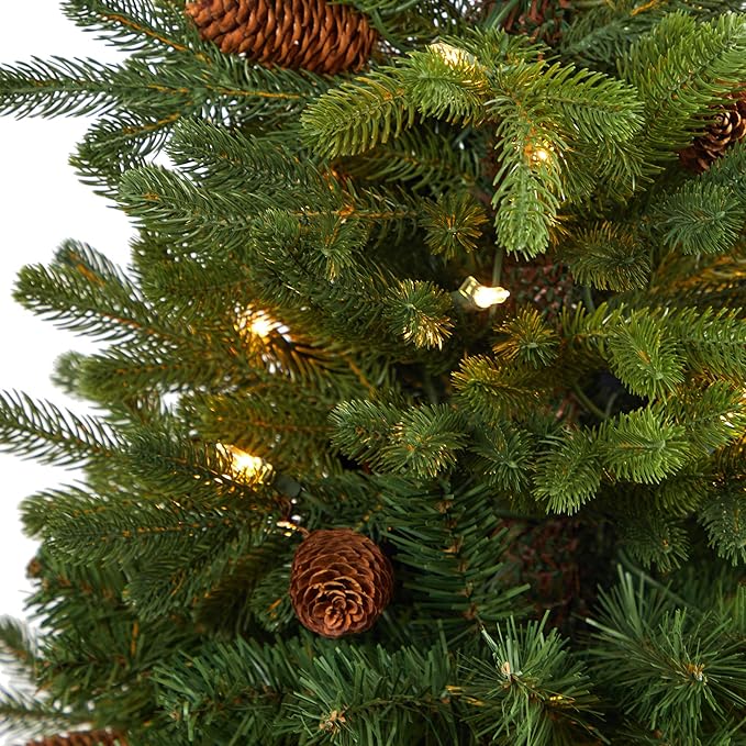 Nearly Natural 3.5ft. Yukon Mountain Fir Artificial Christmas Tree with 50 Clear Lights and Pine Cones in White Planter