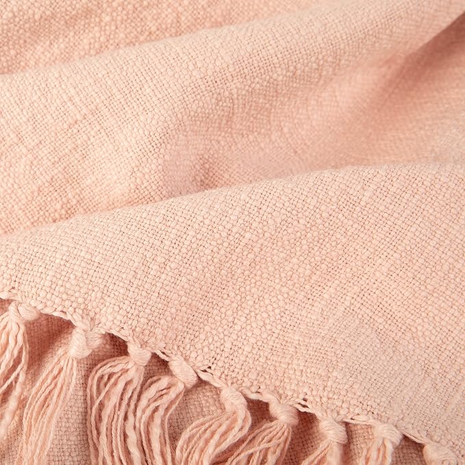 Sticky Toffee Woven Cotton Throw Blanket 60x50 in – Blush Pink Textured Blanket with Fringe for Couch or Bed, Thick and Durable, Boho Decorative Style