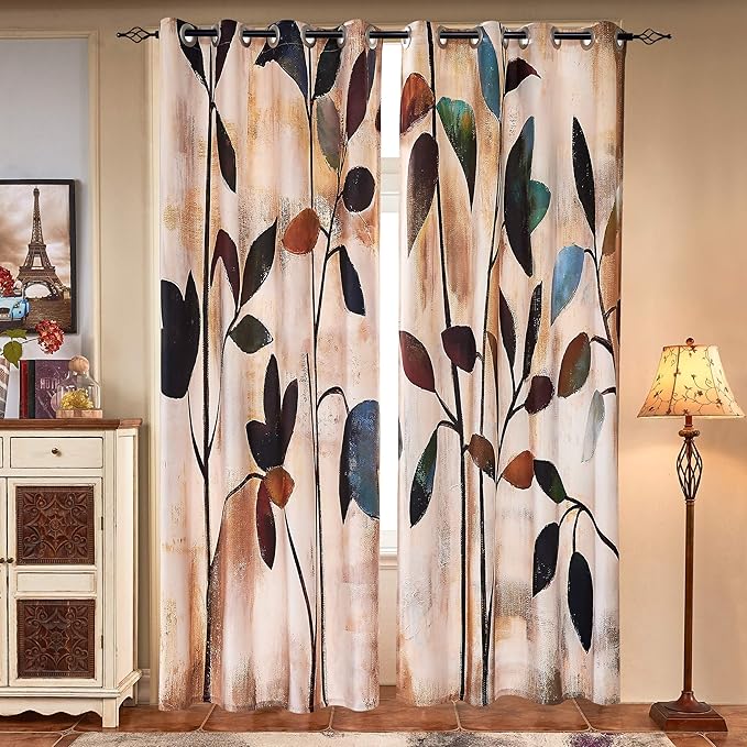 SUBRTEX Light Flitering Curtains 52Wx108L, Room Darkening Vibrant Floral Drapes, 50% Blackout, Semi Sheer Boho Farmhouse Curtains for Living Room, Brown