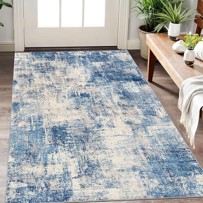 3x5 Modern Abstract Rug Washable Area Rugs for Living Room Bedroom Dining Room Non-Slip Low Pile Neutral Large Rug Soft Indoor Floor Carpet, Blue