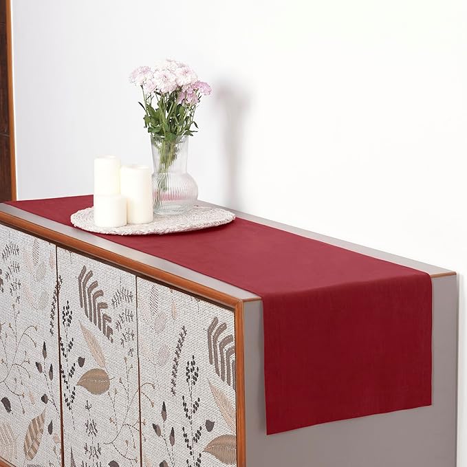 D'Moksha Homes Linen Red Table Runner 48 Inches - 100% Pure Linen Table Runner 14 x 48 Inch for Coffee Tables, Dresser, Fall, Thanksgiving, Christmas, Holiday - Machine Washable