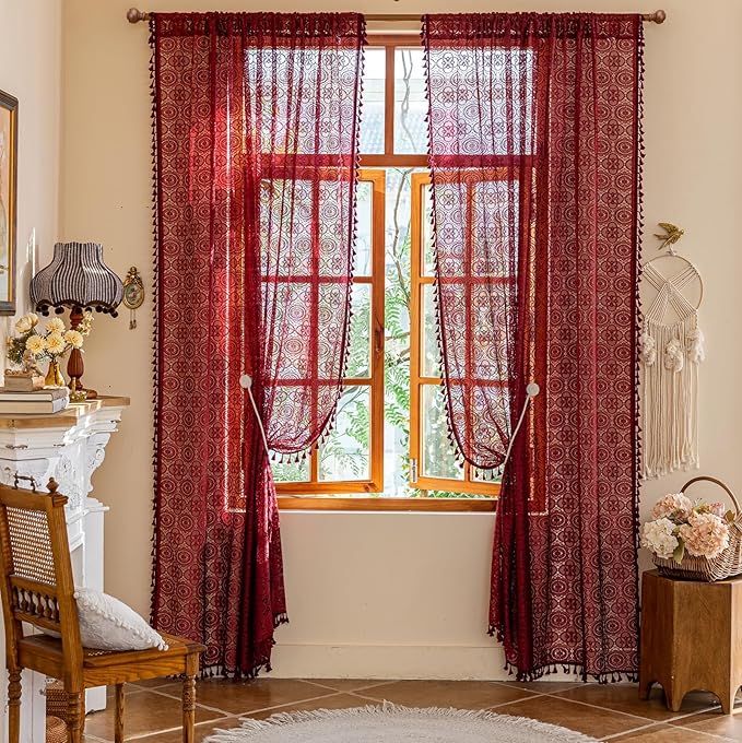 Burgundy Curtains for Living Room 2 Panels Cottage Maroon Tassel Lace Curtain Panels 96 Inches Long Boho Wine Macrame Curtains Xmas Christmas Farmhouse Themed Winter Décor 8ft 52"W x 96"L Red