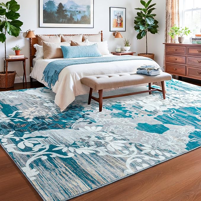Keeko 8x10 Area Rugs for Living Room,Modern Abstract Floral Pattern Rugs for Bedroom,Soft Washable Rug with Non-Slip Backing Low-Pile Non-Shedding Carpet for Kitchen Home Office Dining Table - Blue