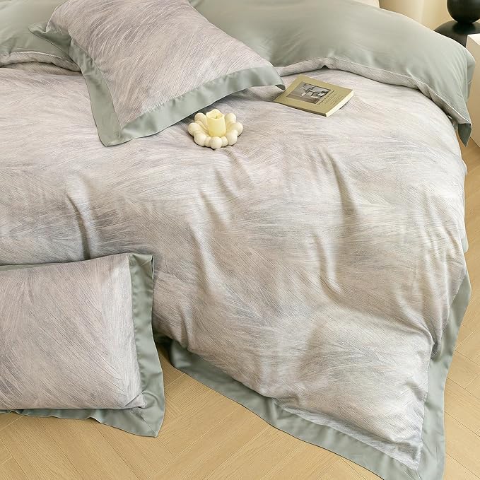 ECOCOTT Bedding 3-Piece Duvet Cover Set Queen Size – Silky Soft 100% Lyocell, Cooling & Breathable for Hot Sleepers, Ultra-Smooth with Modern Feathered Pattern, Moisture-Wicking