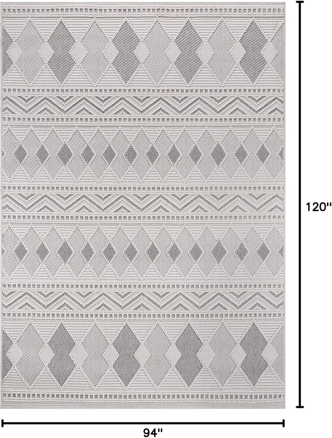 CAMILSON Micro Loop Rug 8x10 Modern Luxury Geometric Boho Diamond Area Rugs Soft High and Low Pile Stain Resistant Easy-Cleaning Non-Shedding for Living Room Office Indoor Carpet (8 x 10 / White-Gray)