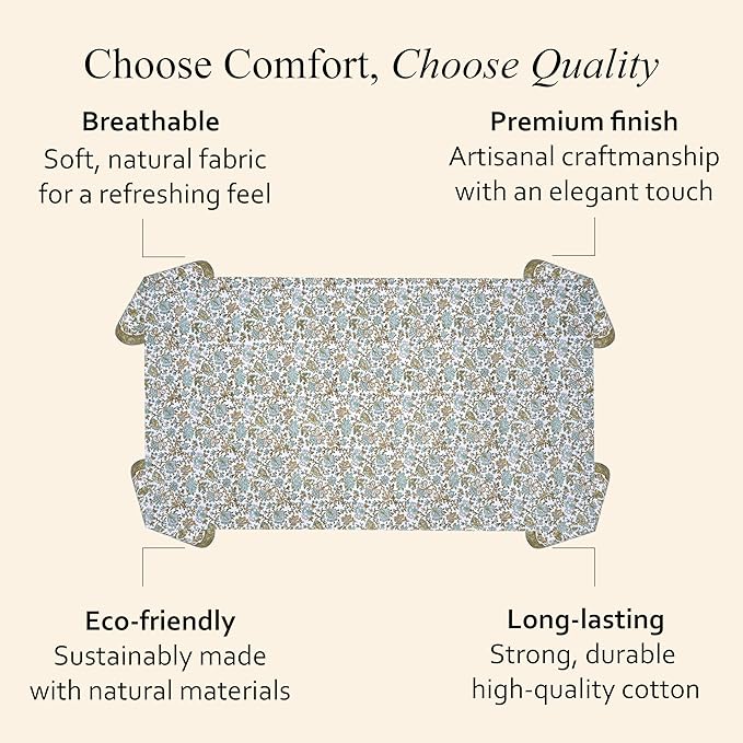 CPC Tablecloth 100% Cotton 70x108 Inch Indian Block Print Rectangle Table Cover, Blue Table Cloth for Weddings, Spring/Summer, Barbeque - Topaz Blue