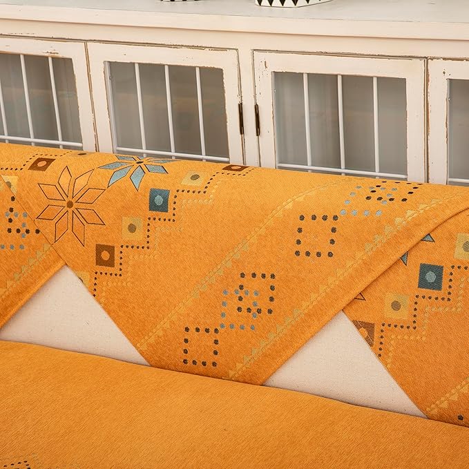 Boho Chenille Couch Covers,Geometric Couch Covers for Sofa,Chenille Couch Cover Non Slip,Sectional l Shaped Sofa Furniture Protector Cover for Home Decor,Orange_3 Seat 35x82in/90x210cm