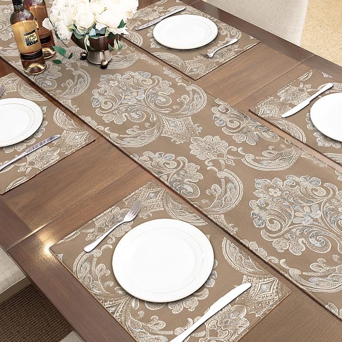 Loom and Mill Luxury Table Runner for Home Decor, Jacquard Floral Dining Table Runner with Tassels, 90 inches Long Damask Runner for Dining Dresser Party Banquet Decorations(Light Coffee, 13*90 inch)