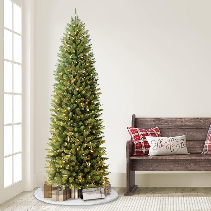 Puleo International 9ft Pre-Lit Slim Fraser Fir Christmas Tree with 550 Clear Lights, 1828 Realistic Dense Branch Tips, Easy Setup Artificial Trees with Sturdy Metal Stand