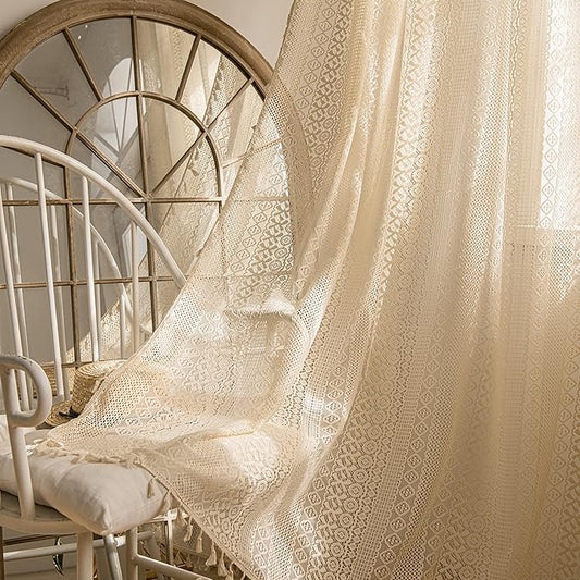 Sutuo Home Boho Curtains 84 Inches Length for Bedroom, Window Treatments Bohemian Sheer Crochet Lace Vintage Drapes Pair, Beige Geometry Knitted with Handmade Tassels Rod Pocket, 52" x 84"，2 Panels