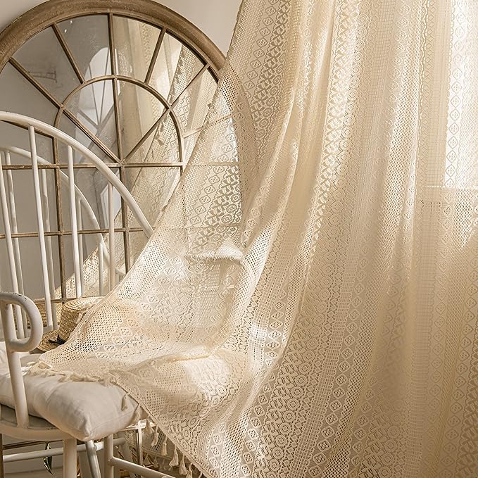 Sutuo Home Boho Curtains 2 Panels 63 Inches Length for Bedroom, Window Treatments Bohemian Sheer Crochet Lace Vintage Drapes Pair, Beige Geometry Knitted with Handmade Tassels Rod Pocket, 52" x 63"