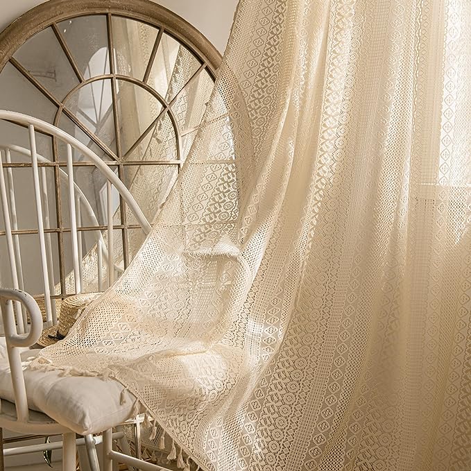 Sutuo Home 2 Panels Boho Curtains 96 Inches Length for Bedroom, Window Treatments Bohemian Sheer Crochet Lace Vintage Drapes Pair, Beige Geometry Knitted with Handmade Tassels Rod Pocket, 52" x 96"