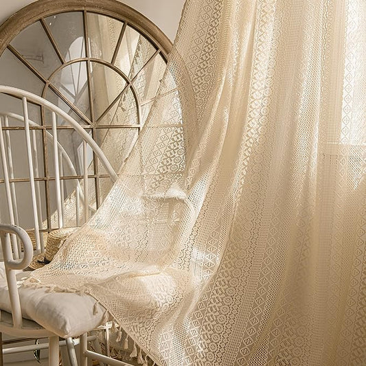 Sutuo Home 2 Panels Boho Curtains 96 Inches Length for Bedroom, Window Treatments Bohemian Sheer Crochet Lace Vintage Drapes Pair, Beige Geometry Knitted with Handmade Tassels Rod Pocket, 52" x 96"