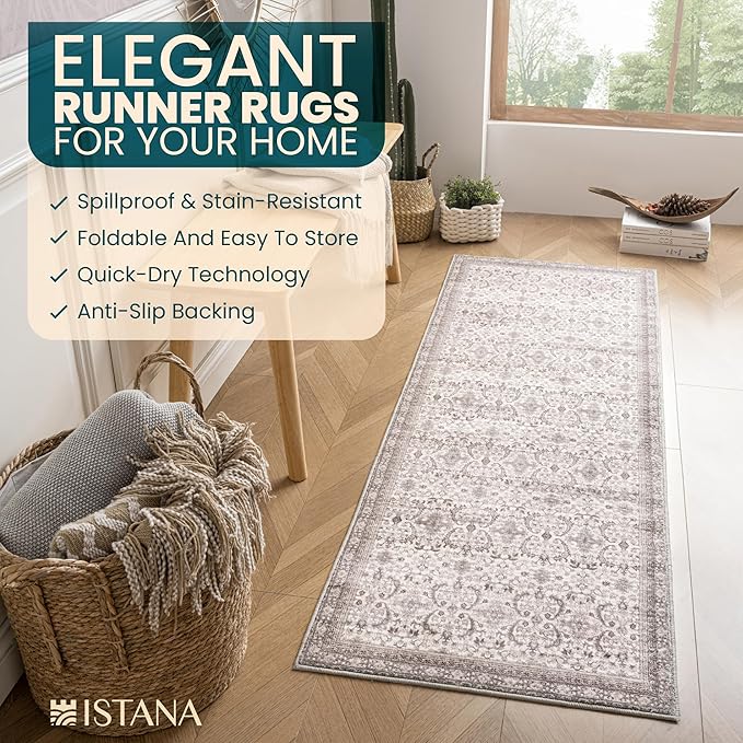 Istana Hallway Runner Rug 2.5x8 – Pale Rose Beige Entryway Rug -Silk's Soft Touch Runners for Hallways - Stylish Kitchen Runner Rug Non Slip