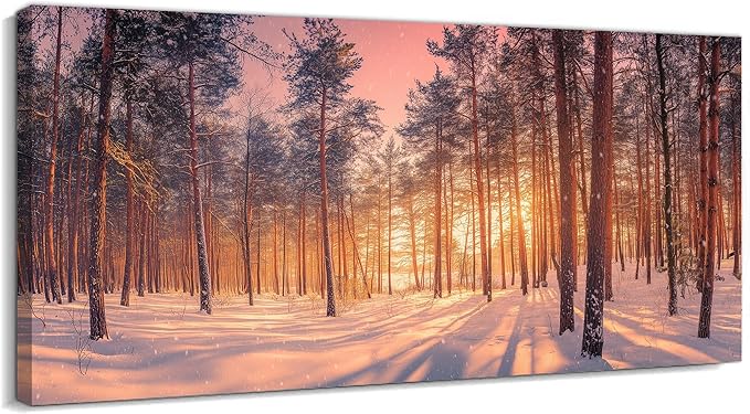 GUTTATY Christmas Winter Scene Canvas Wall Art, Snowy Forest Canvas Prints, Tranquil Sunrise Pine Forest Wall Hanging Artwork, Nature Landscape Poster for Living Room, Bedroom, 16x8 Inch
