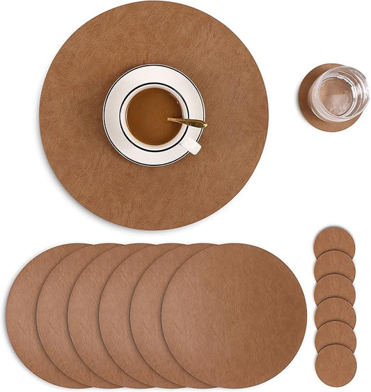 Jovono PU Leather Placemats, Waterproof Coffee Coasters, Kitchen Table Mats, Easy to Wipe Off for Dining Round Table, Diameter 13'' and 3.9'', Flaxen