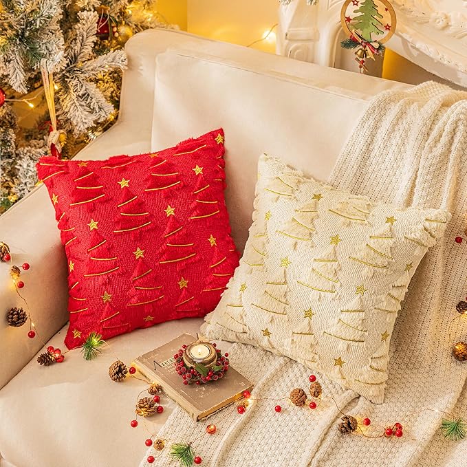 AQOTHES Christmas Tree Decorative Red Throw Pillow Covers 12x20 Set of 2, Faux Fur Farmhouse Throw Pillows Cushion Cases for Xmas Winter Holiday Home Decor