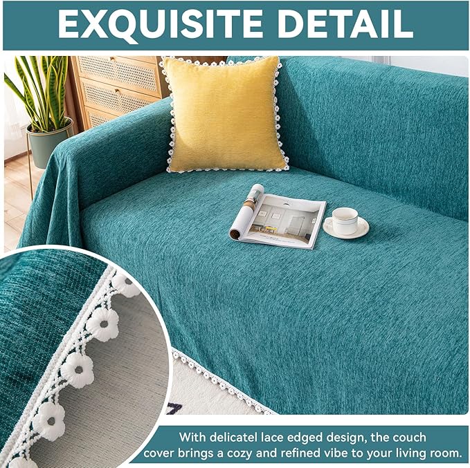 VClife Farmhouse Couch Cover for Sofa Soft Chenille Turquoise Sofa Cover Furniture Protector - Washable Home Sofa Slipcover for 3 Cushion Couch Sofa (71"X134") Gift for Christmas Thanksgiving Wedding